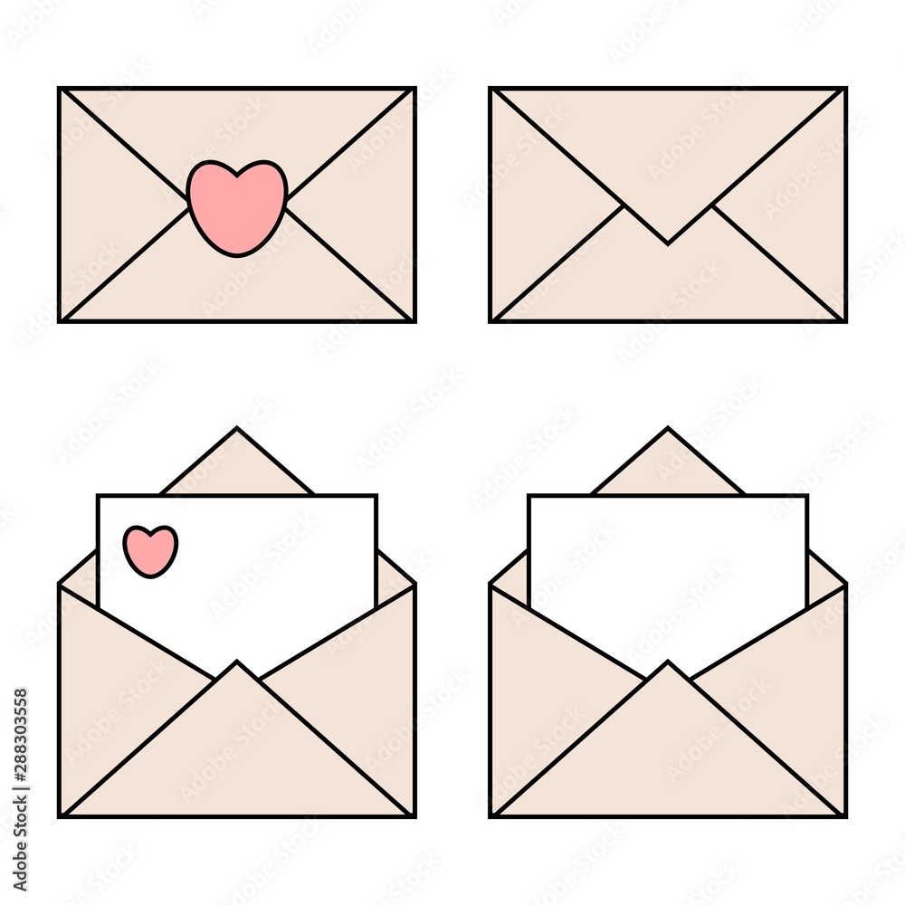 Blue and pink mail linear icons with heart seals. Open and closed envelopes. Valentine day concept Blue and pink mail linear icons with heart seals. Open and closed envelopes. Valentine day concept