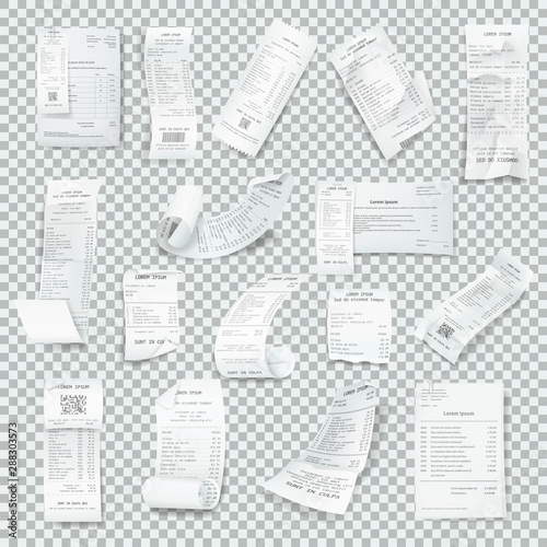 Rumpled realistic receipt set. Paper receipts with payment, restaurant shop bill, retail purchase invoice, commercial check. Supermarket shopping receipt, financial account at an ATM vector