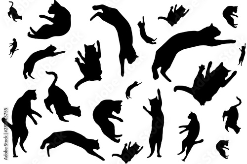 Fototapeta Naklejka Na Ścianę i Meble -  Vector sketch of a funny happy ginger silhouette cat flying and dancing on an isolated white background