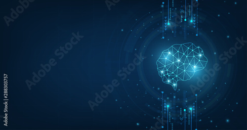 technology concept.vector abstract polygonal human brain shape of an artificial intelligence with line dots and shadow on dark blue color background