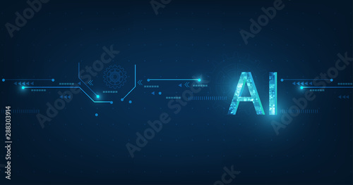 Abstract futuristic digital and technology on dark blue color background. AI(Artificial Intelligence) wording with the circuit design.