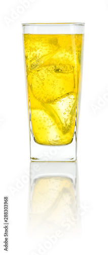 An orange soft drink with ice cubes