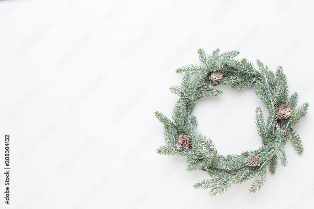 Christmas wreath. Christmas decorations on white background. Flat lay, top view Christmas wreath. Christmas decorations on white background. Flat lay, top view