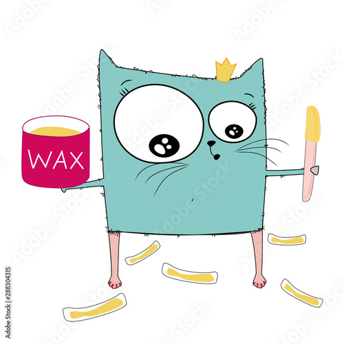 Sketch drawn in vector: cat woman waxed hairy legs with a wax in her hands. Illustration before, after on white isolated background