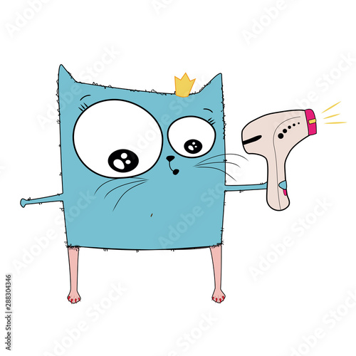 Sketch drawn in vector: cat woman removes hair and hairy legs with a laser epilator in her hands. Illustration before, after on white isolated background