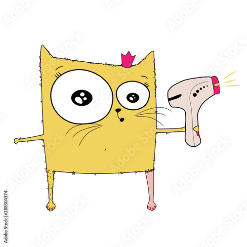 Sketch drawn in vector: cat woman removes hair and hairy legs with a laser epilator in her hands. Illustration before, after on white isolated background