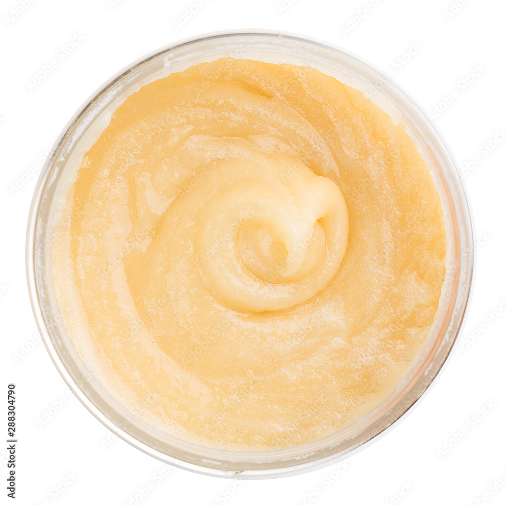 Top view of the jar of raw whipped wildflower honey Top view of the jar of raw whipped wildflower honey