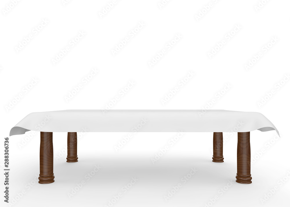 A rectangular wooden table with a white tablecloth. There is room for Your design. Isolated white background A rectangular wooden table with a white tablecloth. There is room for Your design. Isolated white background
