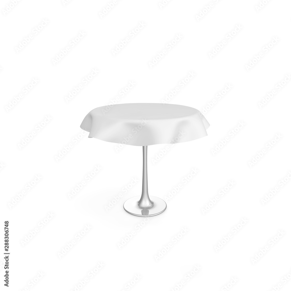Round metal table with white tablecloth. There is room for Your design. Isolated white background Round metal table with white tablecloth. There is room for Your design. Isolated white background