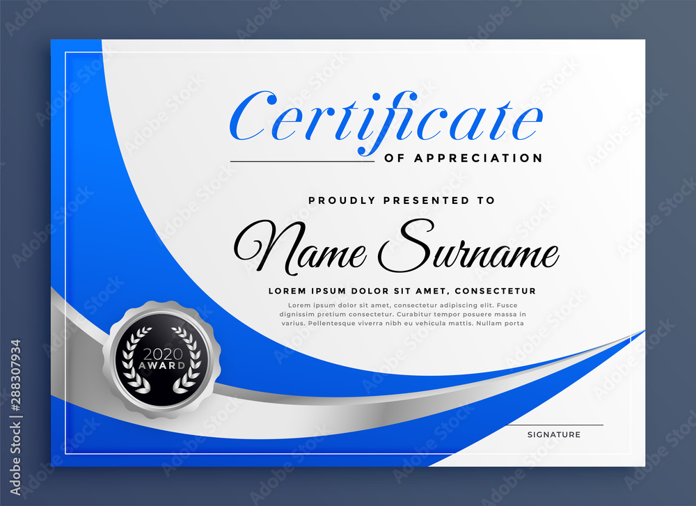 Fototapeta premium stylish blue certificate template design with wavy shape