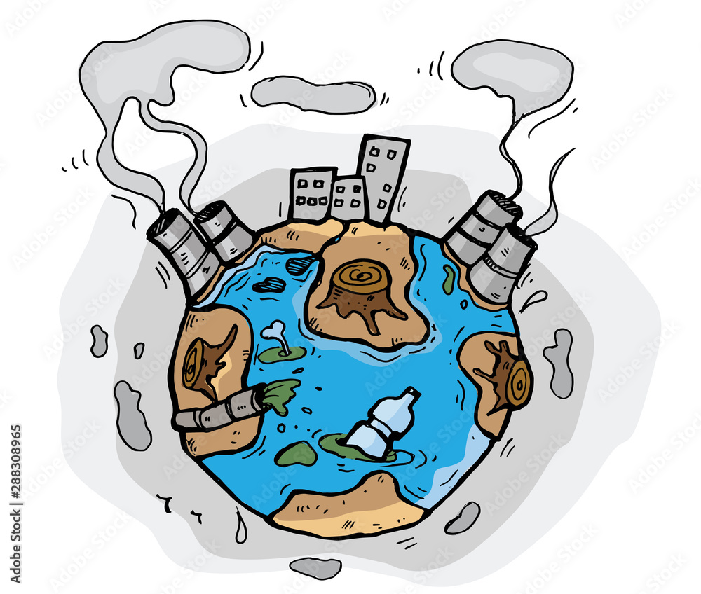 Cartoon tiny planet ecology problem for the world, water, air, earth,  animal, bird and humans Stock Vector | Adobe Stock
