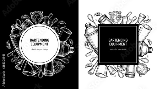 Bartending label set. Poster or template for menu. Handdrawn sketch. Area for text