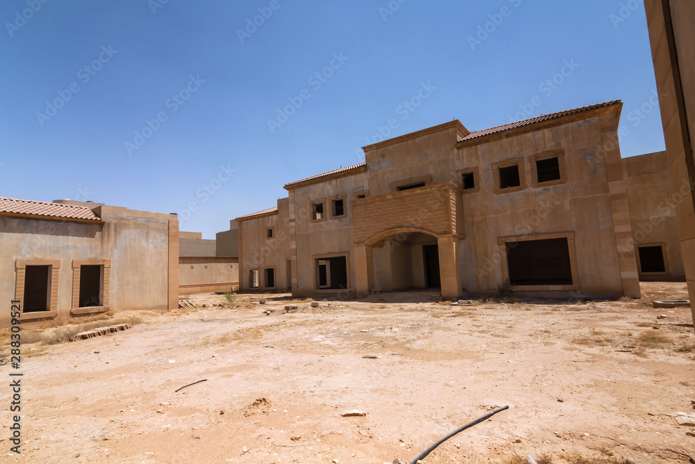A front yard of the abandoned luxury villa in Riyadh