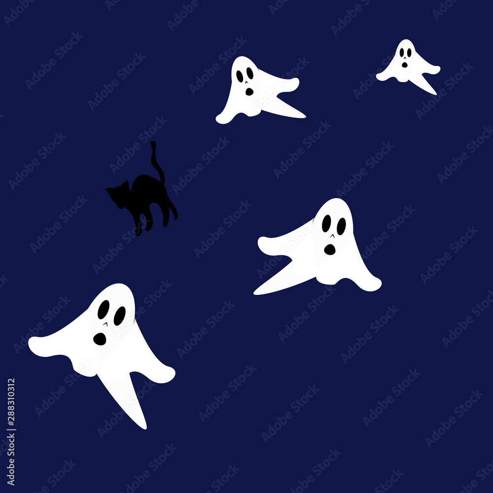 Fototapeta premium Halloween 2019 on blue background. Cat, Ghost. Eps10