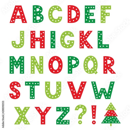 Christmas cartoon vector alphabet, isolated design elements