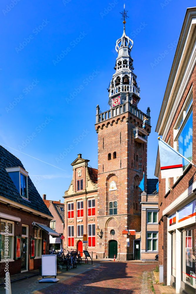 Tower of the historic Speeltoren building in Monnickendam, Waterland district