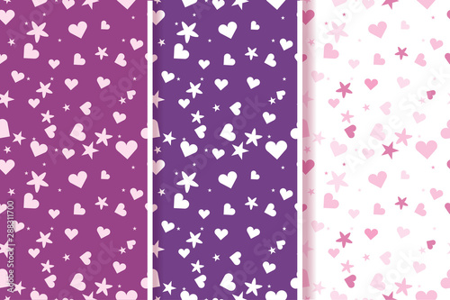 3 seamless love pattern background vector set with cute hearts and stars. In pink and purple baby child colors. Endless romantic texture for textile printing, wrapping gift paper, clothes, towels, etc