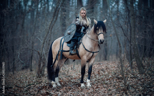 Fototapeta Viking warrior female ridding a horse at twilight autumn forest - Medieval movie