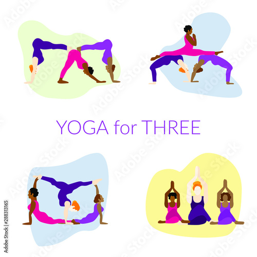Bundle of three young woman in Yoga pose on white background. Relax and meditate. Black girls. Healthy lifestyle. Balance training.Women silhouettes. Collection of yoga poses. Vector illustration.