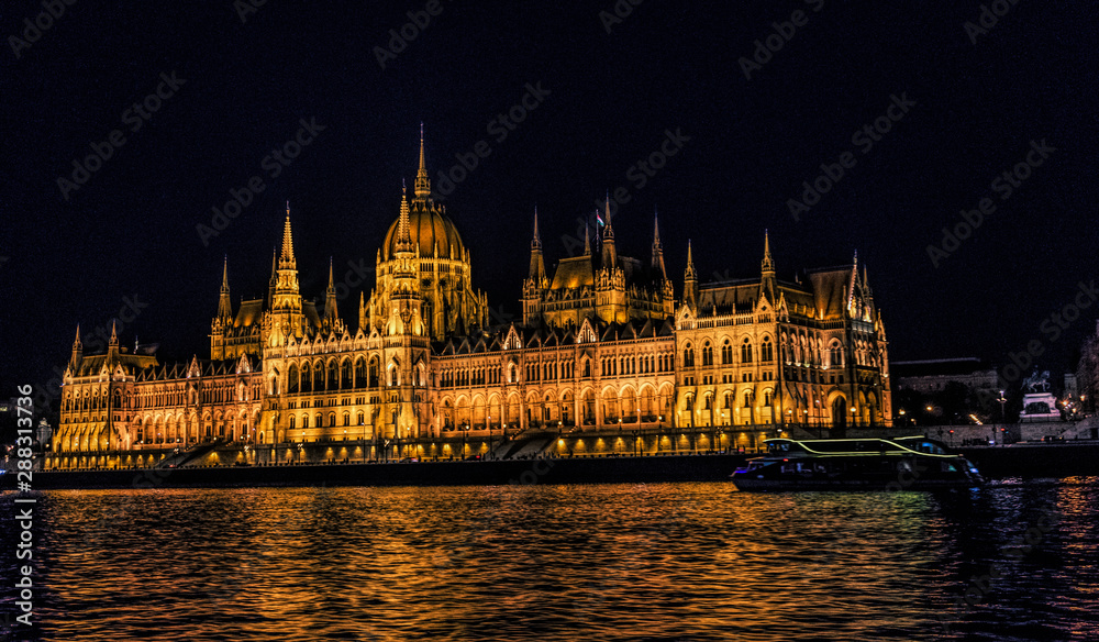 Hungarian Parliament Building and Danube River in Budapest. Night cityscape