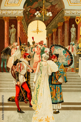 Masquerade. Paris, France. Eighteenth century. Antique illustration. Book of history. 1897.