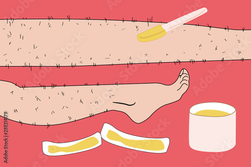 Sketch drawn in vector: woman removes hair from hairy legs with laser hair removal, shaving, waxing, shugaring on an isolated background