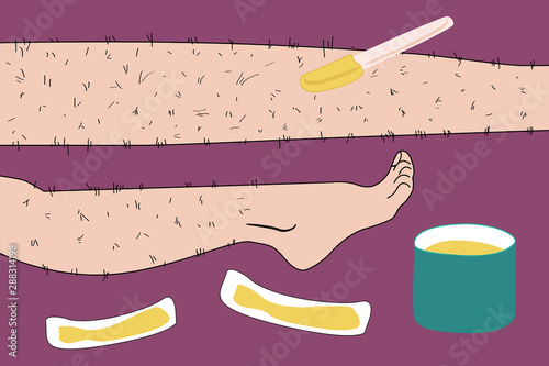Sketch drawn in vector: woman removes hair from hairy legs with laser hair removal, shaving, waxing, shugaring on an isolated background
