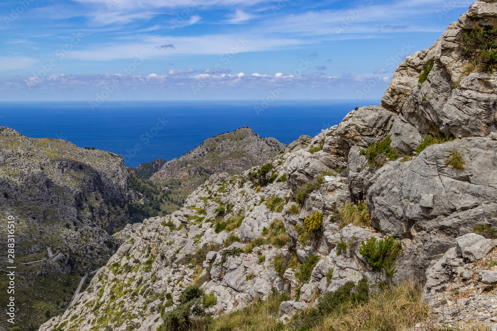 Scenic view at landscape on Serra de Tramuntana in the north of mallorca between Lluc and Sa Calobra