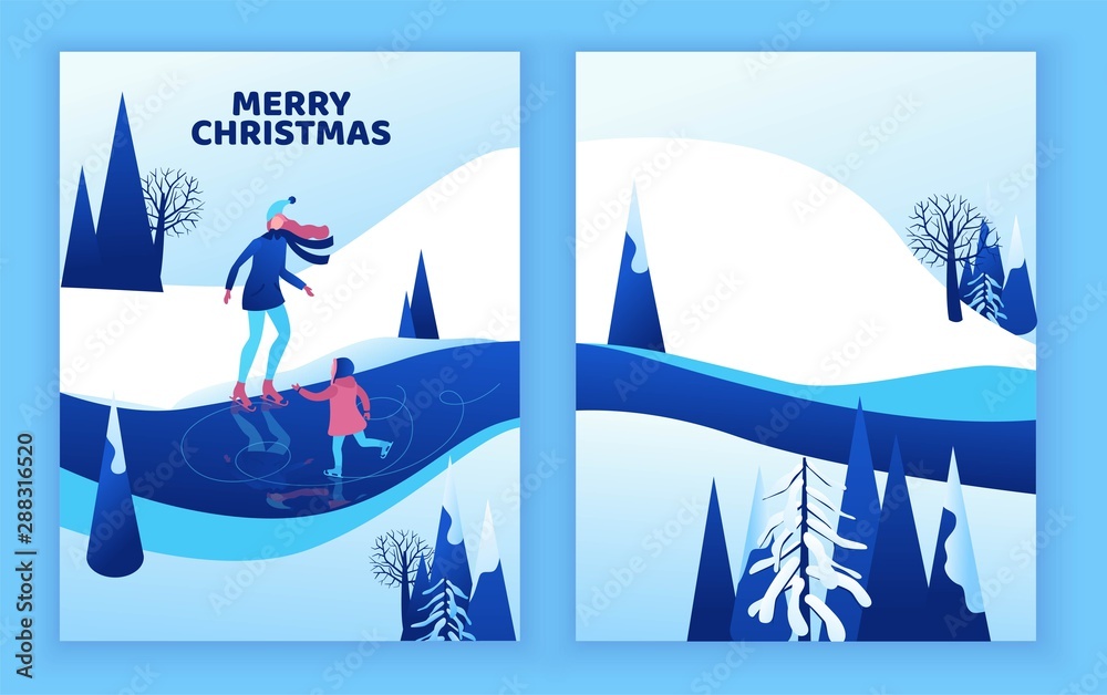 Ice skating greeting card, isometric people, 3d vector winter sport family, christmas tree decorated, mother and kid playing and riding skate, simple skater, outdoor snow games, cartoon characters