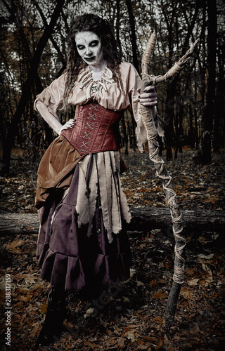 Tablou canvas Halloween theme: ugly creepy voodoo witch with staff