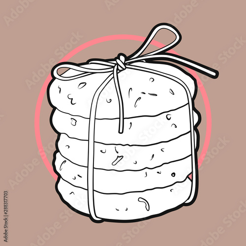 Hand-drawn black and white illustration of oatmeal cookies on a beige background   with thick outline.