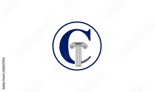 Classic ionic column capital forms letter C inside a blue circle emblem