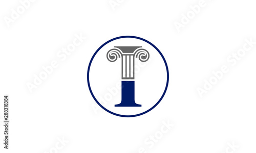 Classic ionic column capital forms letter I inside a blue circle emblem