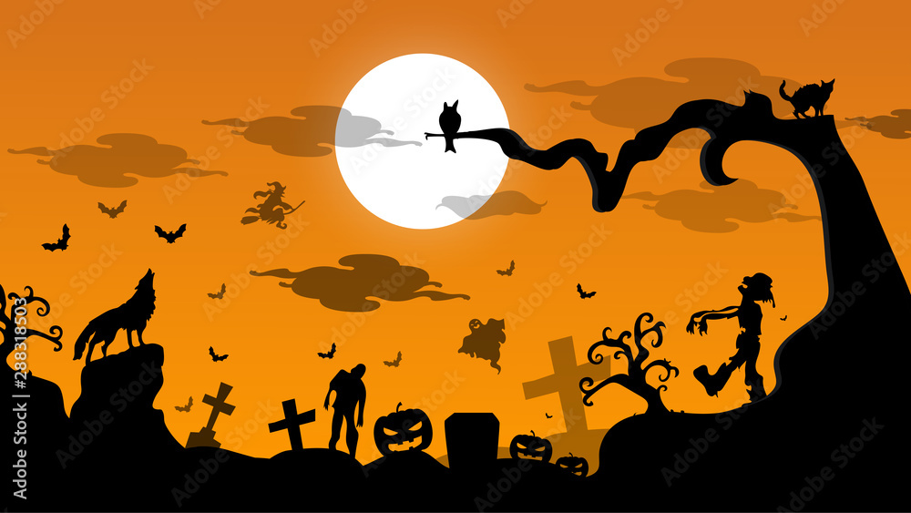 Happy Halloween Day background. Silhouette characters of ghost, fox, tree and pumpkins. Creative Halloween Background design in EPS10 vector illustration.