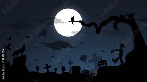 Happy Halloween Day background. Silhouette characters of ghost, fox, tree and pumpkins. Creative Halloween Background design in EPS10 vector illustration.