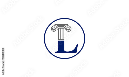Classic ionic column capital forms letter L inside a blue circle emblem