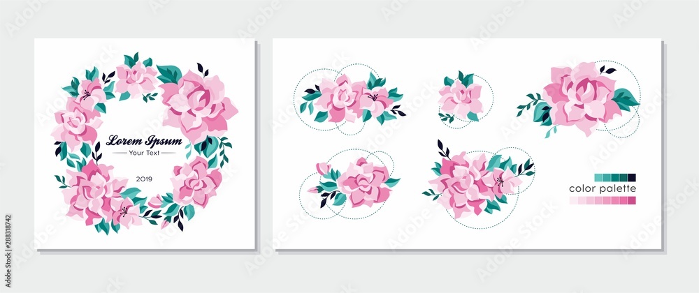 Floral set of invitation and design elements. Circle frame. Vector template