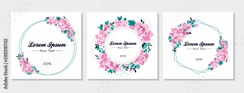 Floral set of invitation, rsvp, save the date card design. Circle and geometric frame. Vector template
