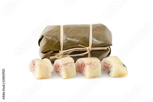 Banana with Sticky rice in Banana leaf or  Khao Tom Mud  isolated on the white background
