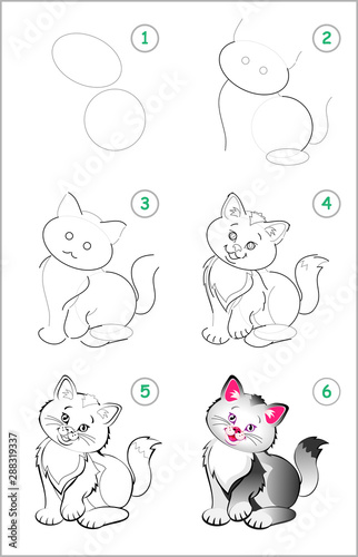 How to draw step by step a cute little kitten. Educational page for kids. Back to school. Developing children skills for drawing and coloring. Printable worksheet for baby book. Vector cartoon image.