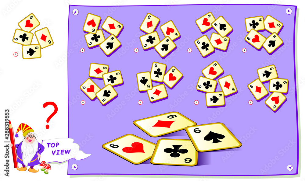 logic puzzle game for kids need to find correct top view of playing cards worksheet for school textbook printable page for brain teaser book development of children spatial thinking skills stock vector
