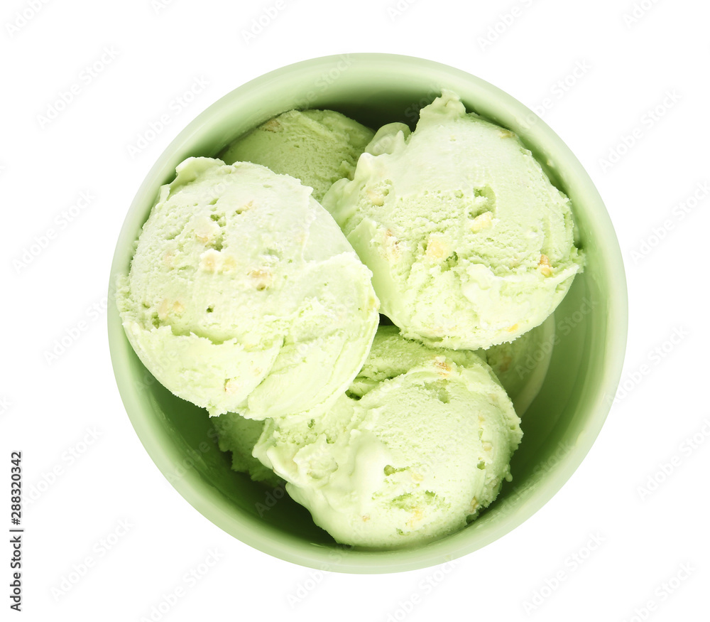 Bowl of delicious pistachio ice cream on white background, top view Bowl of delicious pistachio ice cream on white background, top view