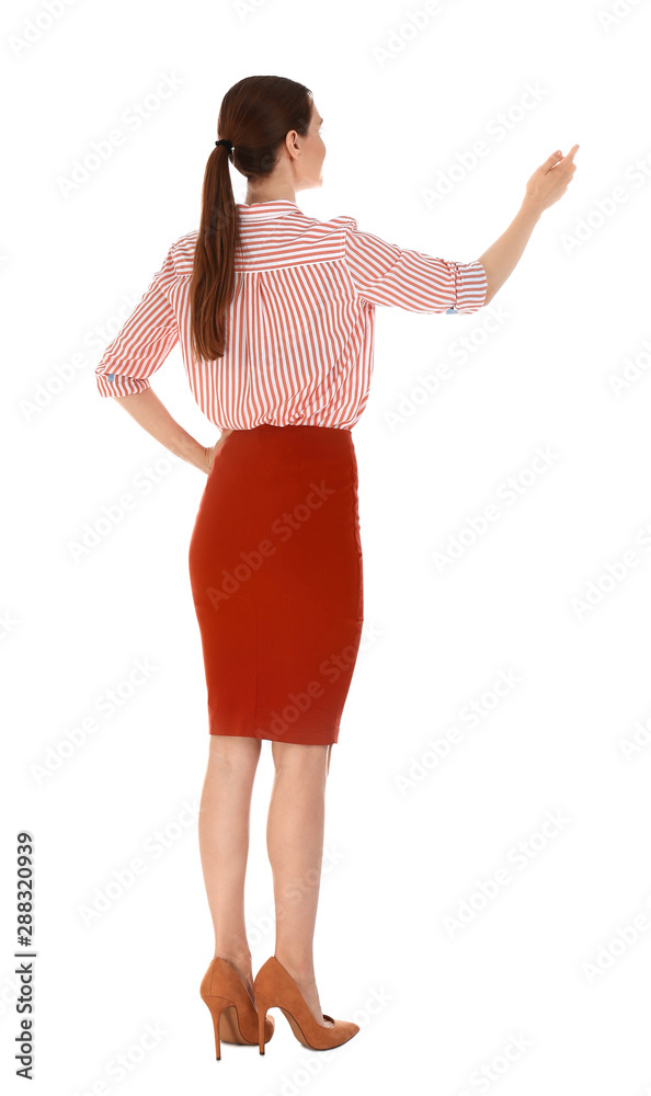 Professional business trainer showing at something on white background Professional business trainer showing at something on white background