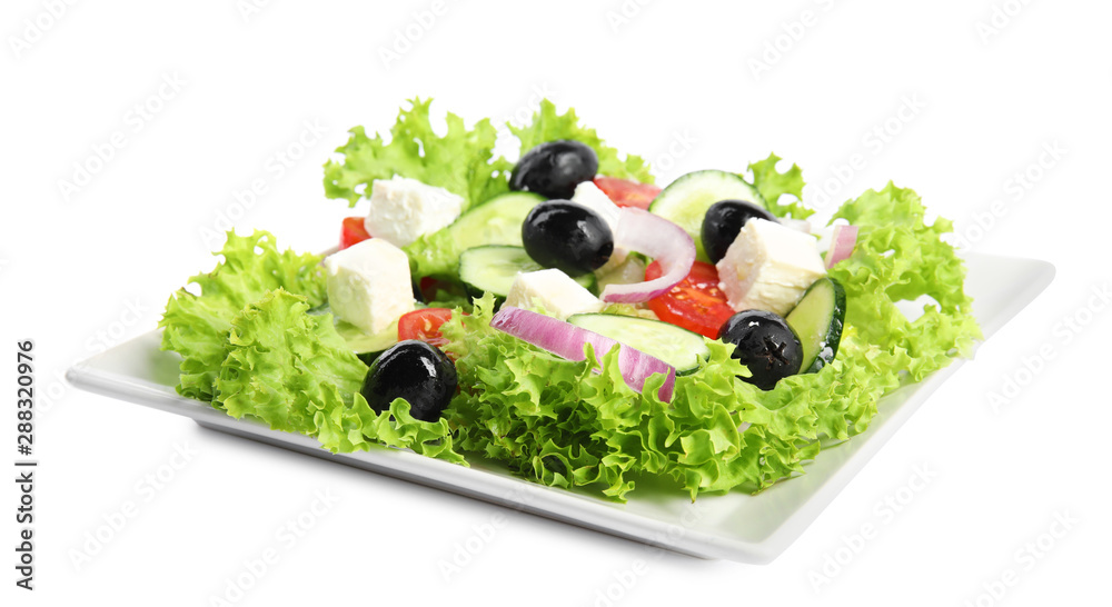 Tasty fresh Greek salad on white background Tasty fresh Greek salad on white background