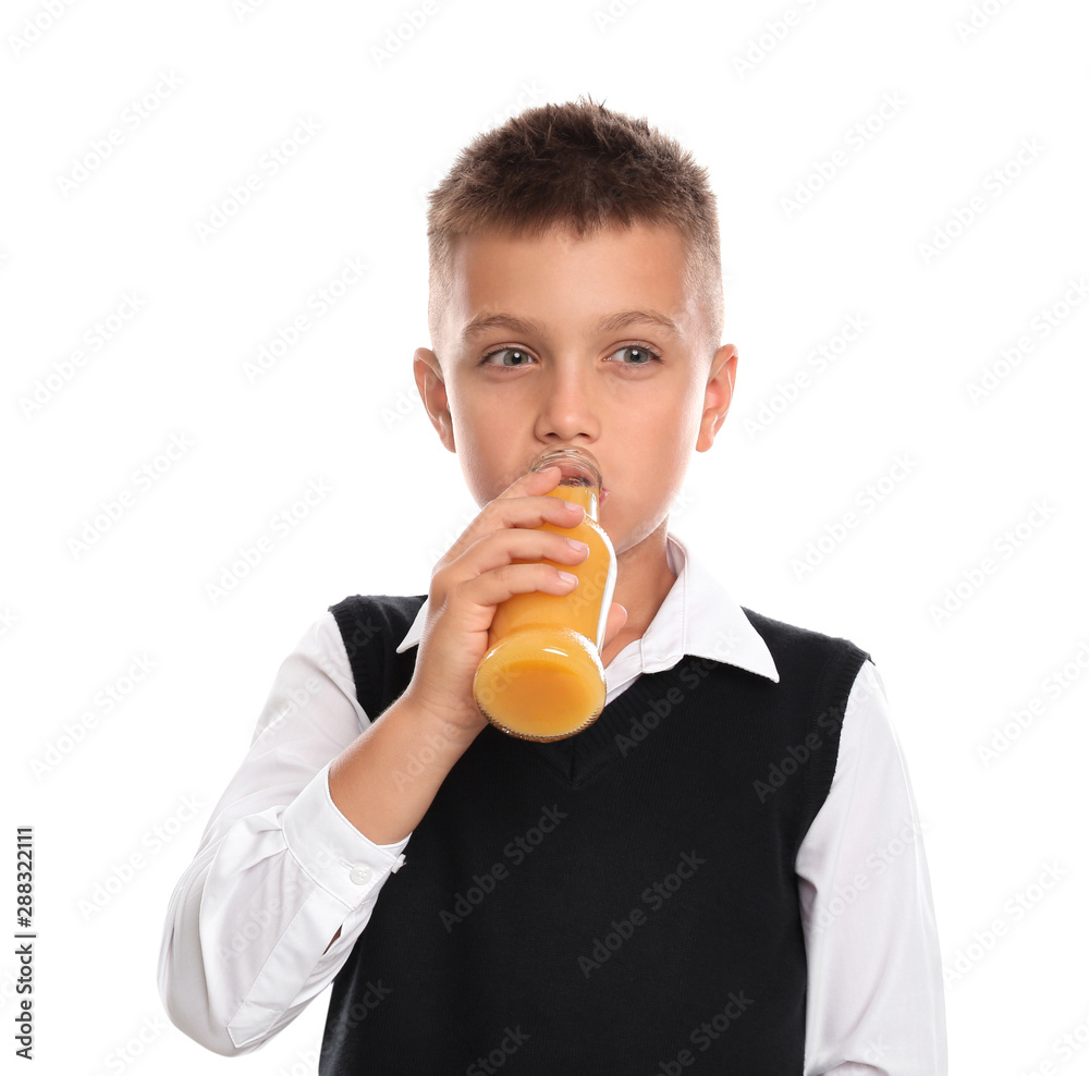 Little boy drinking juice on white background Little boy drinking juice on white background