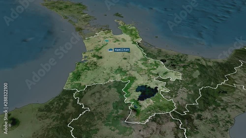 Waikato - regional council of New Zealand with its capital zoomed on the satellite map of the globe. Animation 3D
