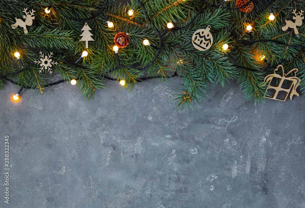 Christmas decorations on grey background, top view. Space for text - obrazy, fototapety, plakaty 