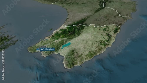 Wellington - regional council of New Zealand with its capital zoomed on the satellite map of the globe. Animation 3D