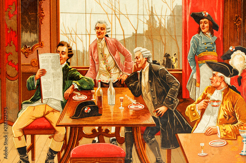 Parisian café in times of the French revolution. Antique illustration. Book of history. 1897.