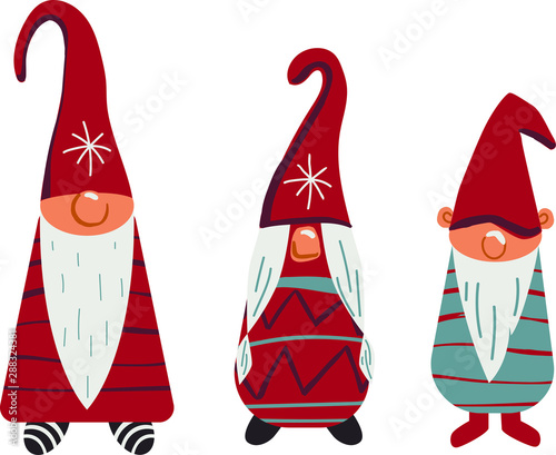 Scandinavian Christmas gnomes - vector set. Hands drawing illustration - little fairy-tale characters in hats. Isolated on a white background.